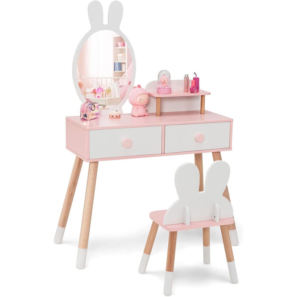 Beauty Makeup For Kids - EY Kinder-Schminktisch, Hasen-Motiv Kleinkind-Schminktisch und Stuhl-Set