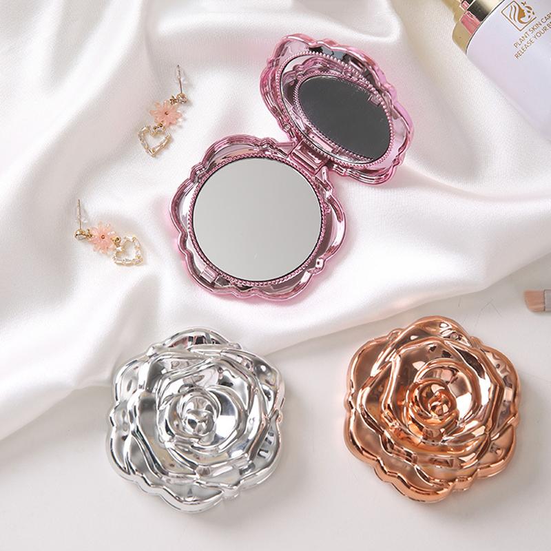 Beauty Rose Makeup - Tragbarer Mini-Spiegel, Retro-Rosenblume, kleiner Taschen-Make-up-Spiegel, doppelseitiger