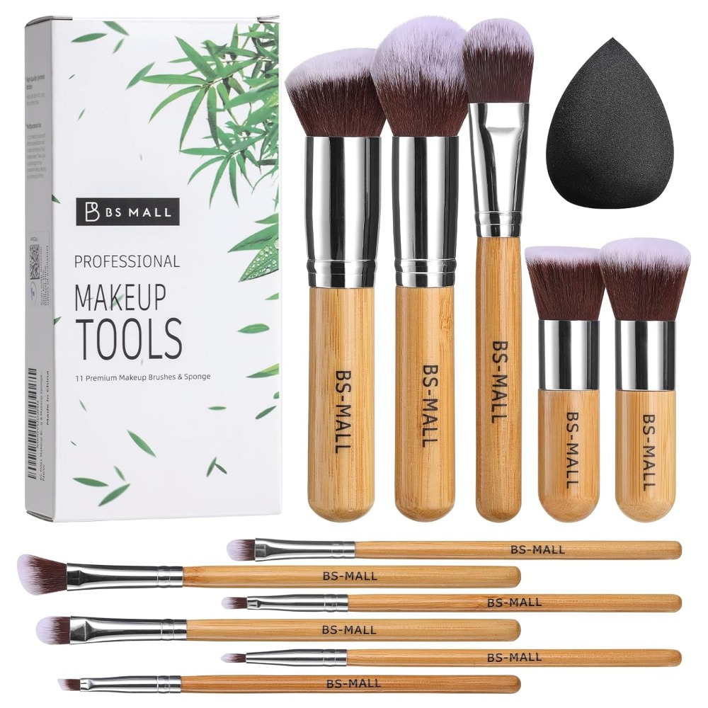 Beauty Makeup Face - BS-MALL Make-up-Pinsel-Set, 11-teilig, Bambus, synthetisches Kabuki-Pinsel-Set,
