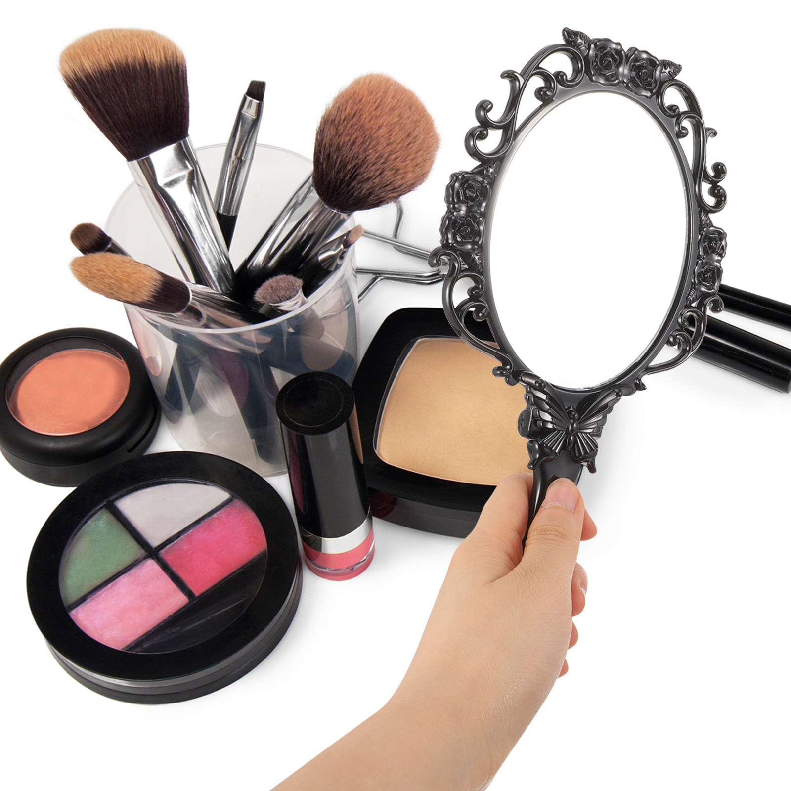 Beauty Rose Makeup - Rosendekorierter Klapp-Schminkspiegel, Leichter Handspiegel für Frauen,