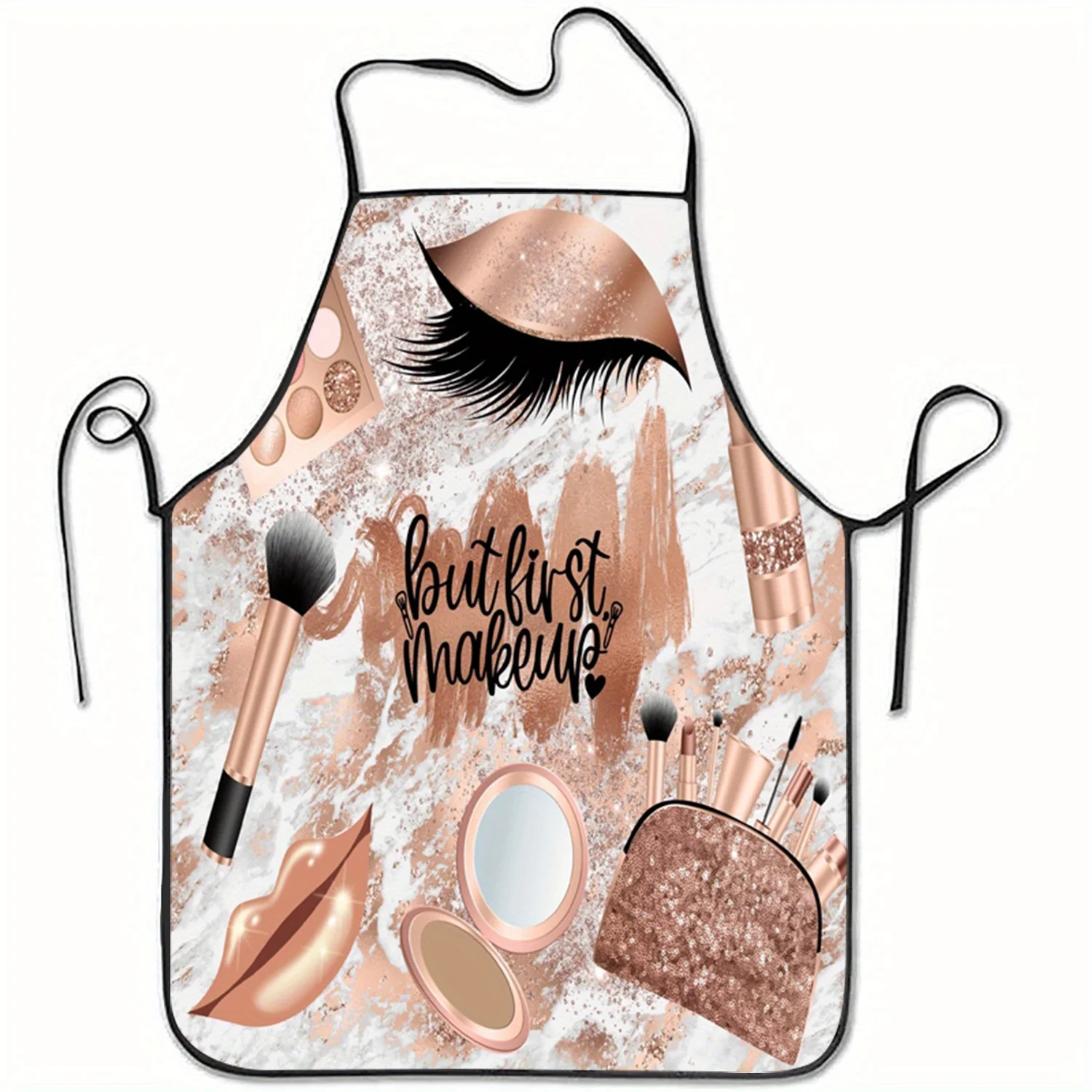 Beauty Makeup Shop - Kosmetik-Make-up-Werkzeuge, Illustrationsschürze, But First Makeup-Aufdruck, Polyester,